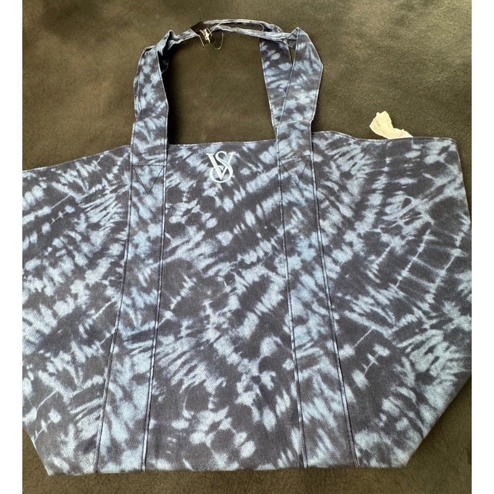Victoria's Secret Tote Bag NWT Blue Tie Dye Canvas Oversized Beach Shoulder Zip